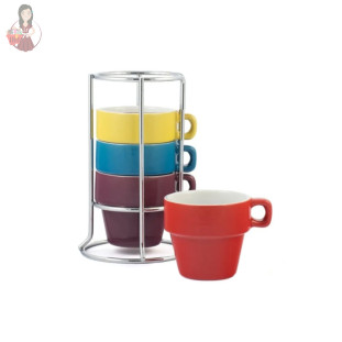 Conjunto 4 Xícaras Colorida Porcelana Suporte