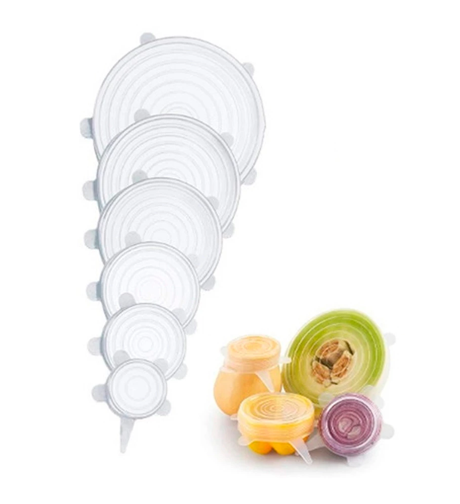 Jogo 6 Tampas de Silicone Reutilizável Elástica para Potes